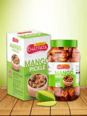 Image displaying Archita's chatpata mango pickle presented in both a jar and a box, showcasing its vibrant colors and enticing aroma.