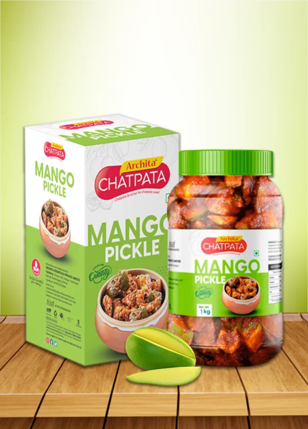 Image displaying Archita's chatpata mango pickle presented in both a jar and a box, showcasing its vibrant colors and enticing aroma.